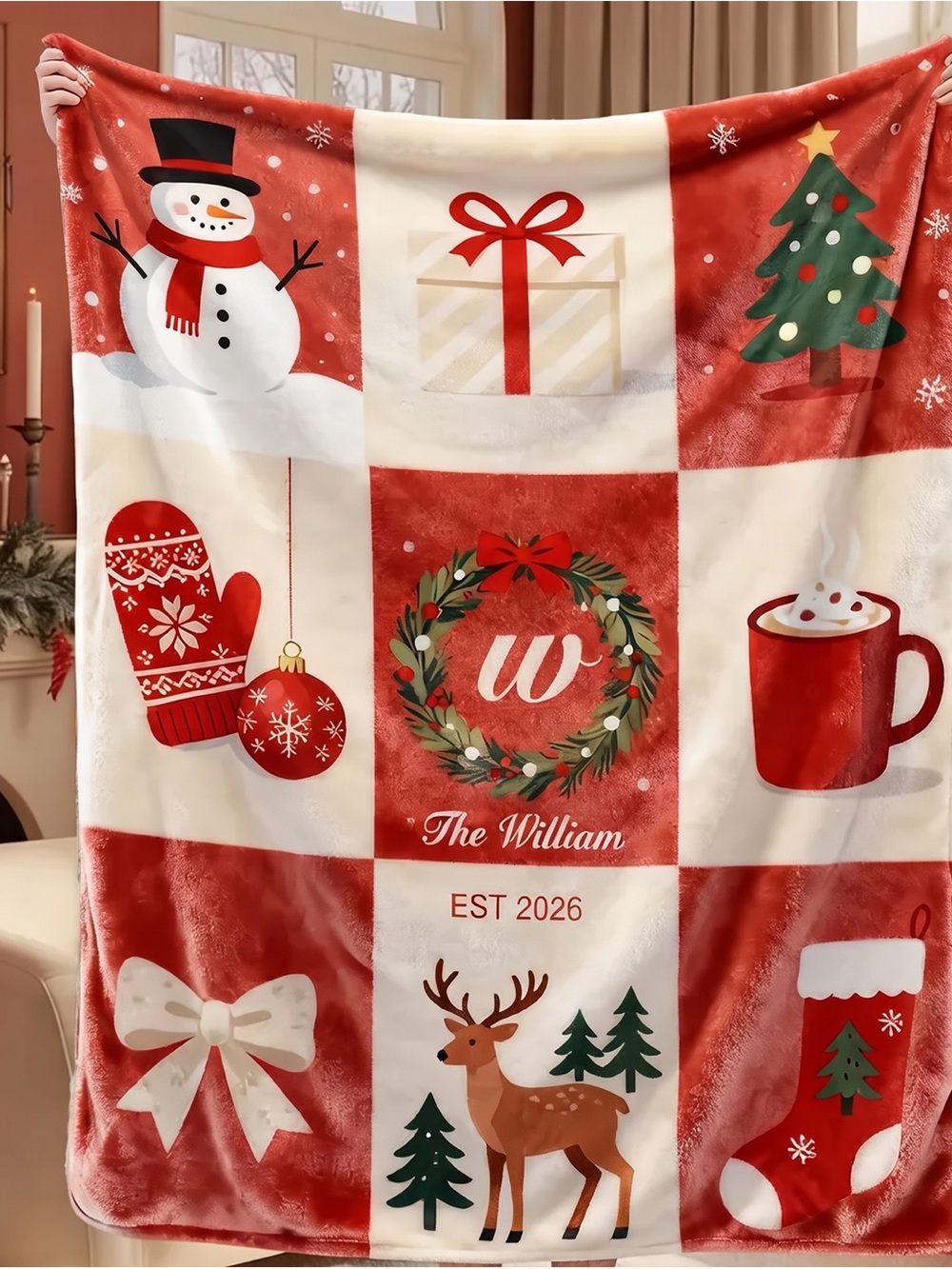 Personalized Red Holiday Throw Blanket - The William